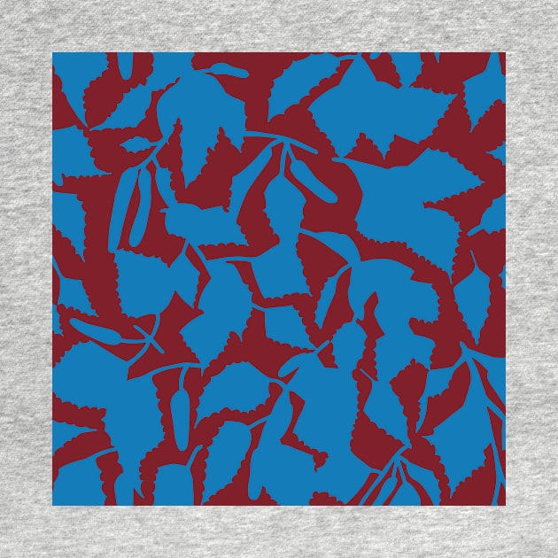 Birch leaves blue on dark red, seamless pattern by colorofmagic